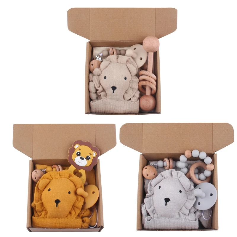 

L5YF Newborn Gift Box Set Cartoon Lion Baby Pacifier Pacifier Chain Appease Towel Bib for Infant Baby Boys Girls Baby Shower