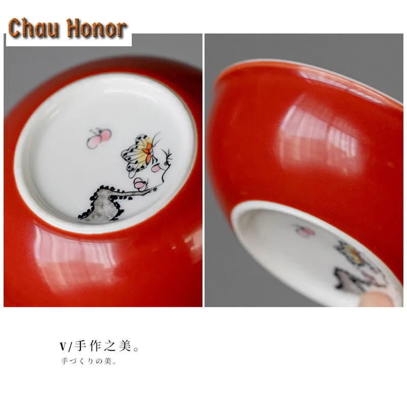 2PC/Set 40ml Pure Hand-painted Butterfly Love Flower Tea Cup Coral Red Ceramic Master Cup Household Kung Fu Pu'er Small Tea Bowl