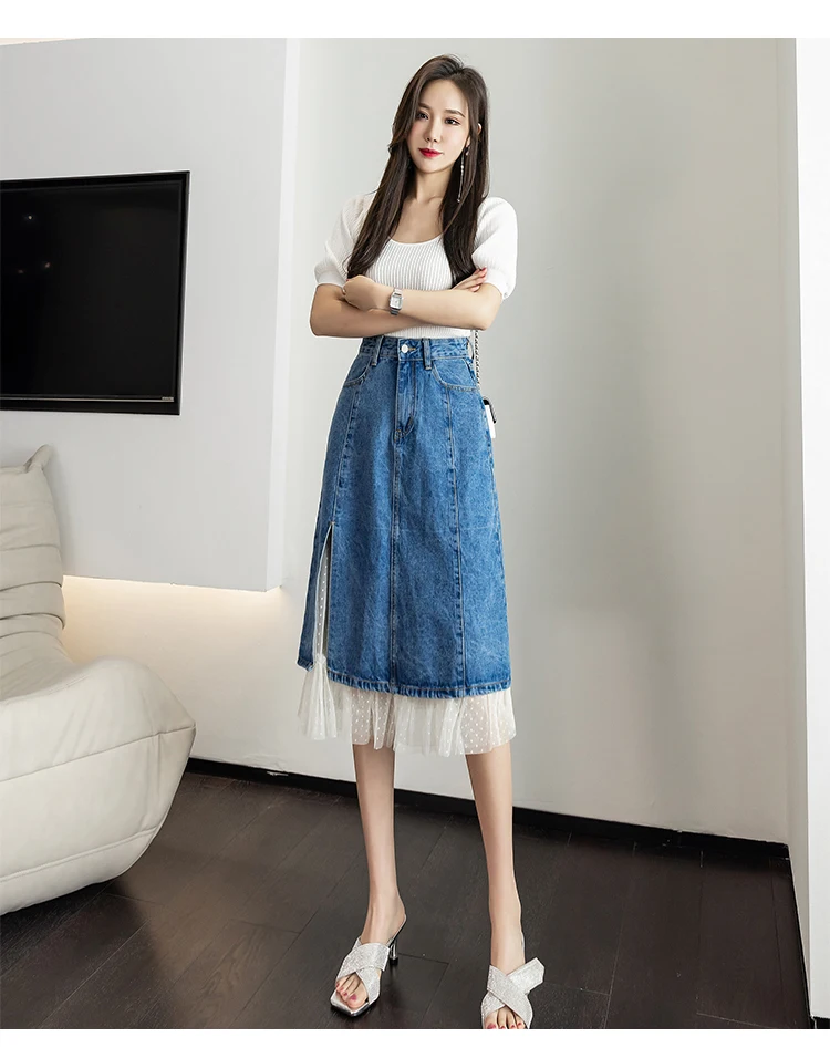 tweed skirt LY VAREY LIN New Spring Women Fashion High Waist Denim Skirts Lady Slim Casual Lace Patchwork Blue A-line Split  Mesh Skirts summer skirts