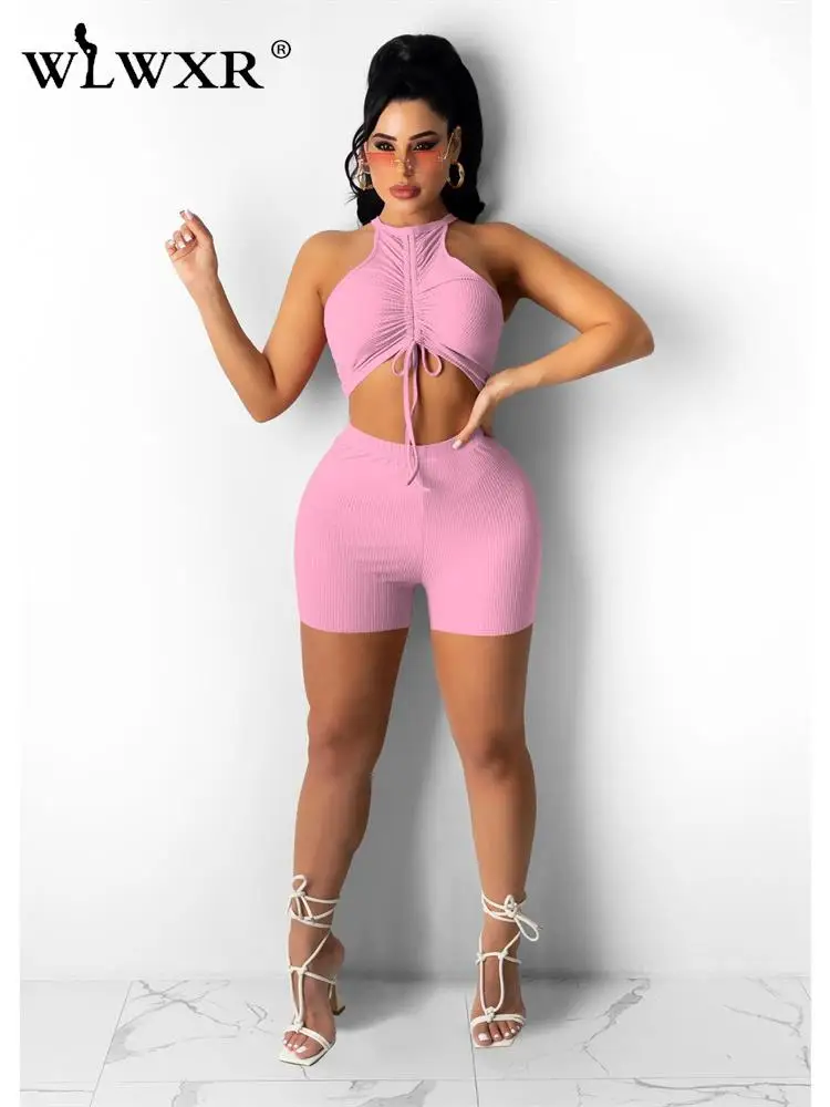 

WLWXR Summer Streetwear Tracksuit Womens 2 Two Piece Sets Outfits Sleeveles Drawstring Crop Top Skinny Shorts Pink Matching Sets