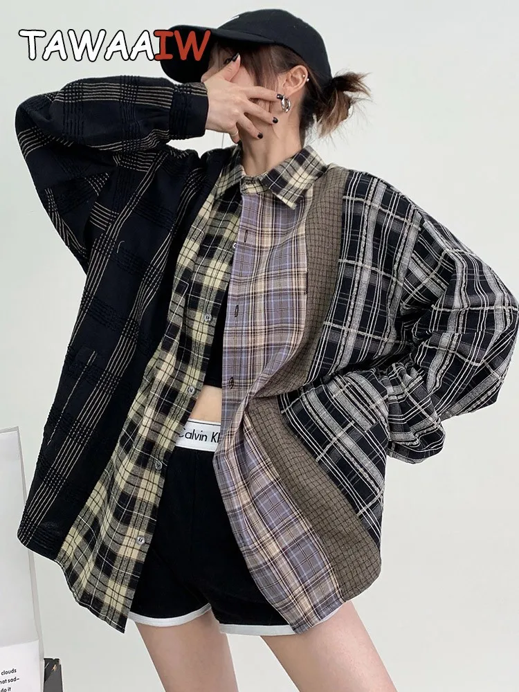 Tawaaiw Streetwear Patchwork Plaid Shirt Women Long Sleeve Korean Style Single Breasted Cotton Loose Blouse Chic