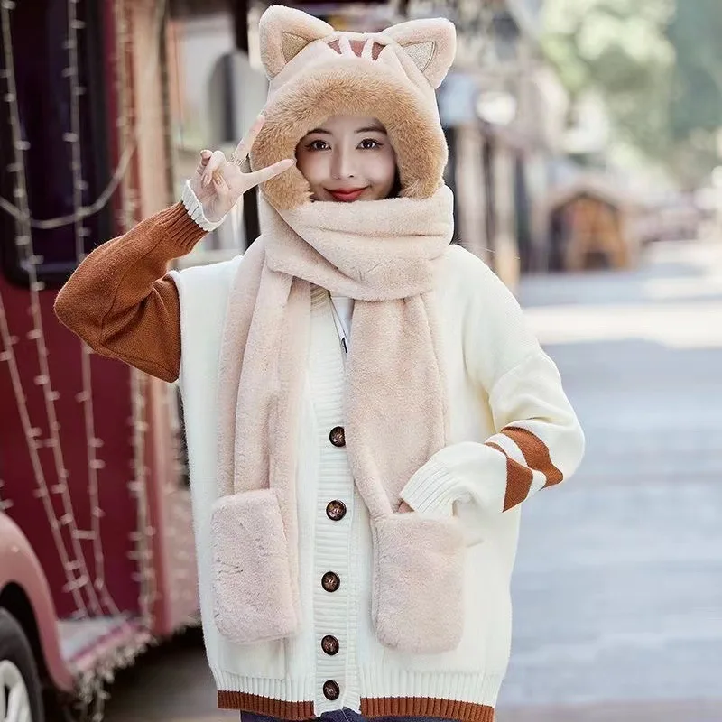 New Cat Plush Hat Scarf Gloves Three Piece One Piece Hat Women's Versatile Fall Winter Thickened Warm 5