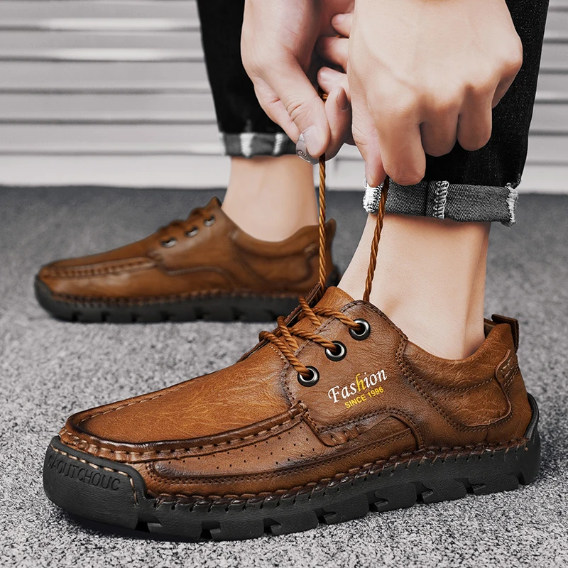 New Leather Men's Hiking Shoes Lace-up Man Light Flats Comfortable Outdoor Driving Flats Fashion Stylish Casual Shoes for Men 6