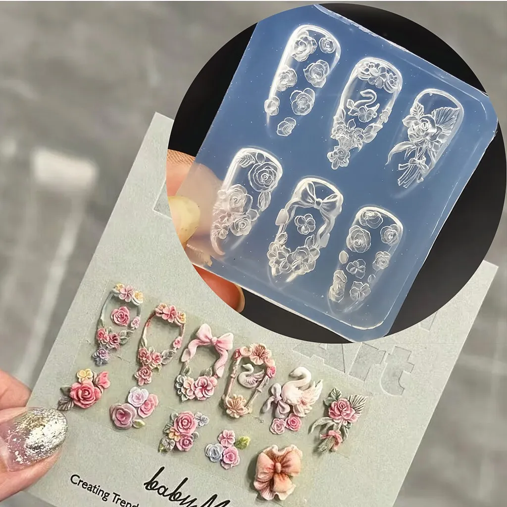 1pc 스완 로즈 3D 아크릴 네일 몰드 네일 아트 장식 손톱 DIY 실리콘 네일 스탬프 플레이트 손톱 제품 네일