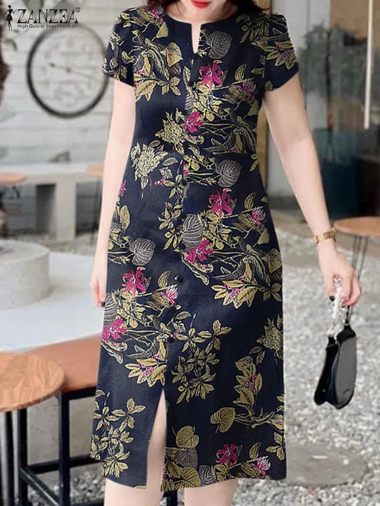 

2024 Spring Short Sleeve Robe ZANZEA Women Cotton Midi Dress Holiday Floral Print V-neck Sundress Party Loose Split Hem Vestidos