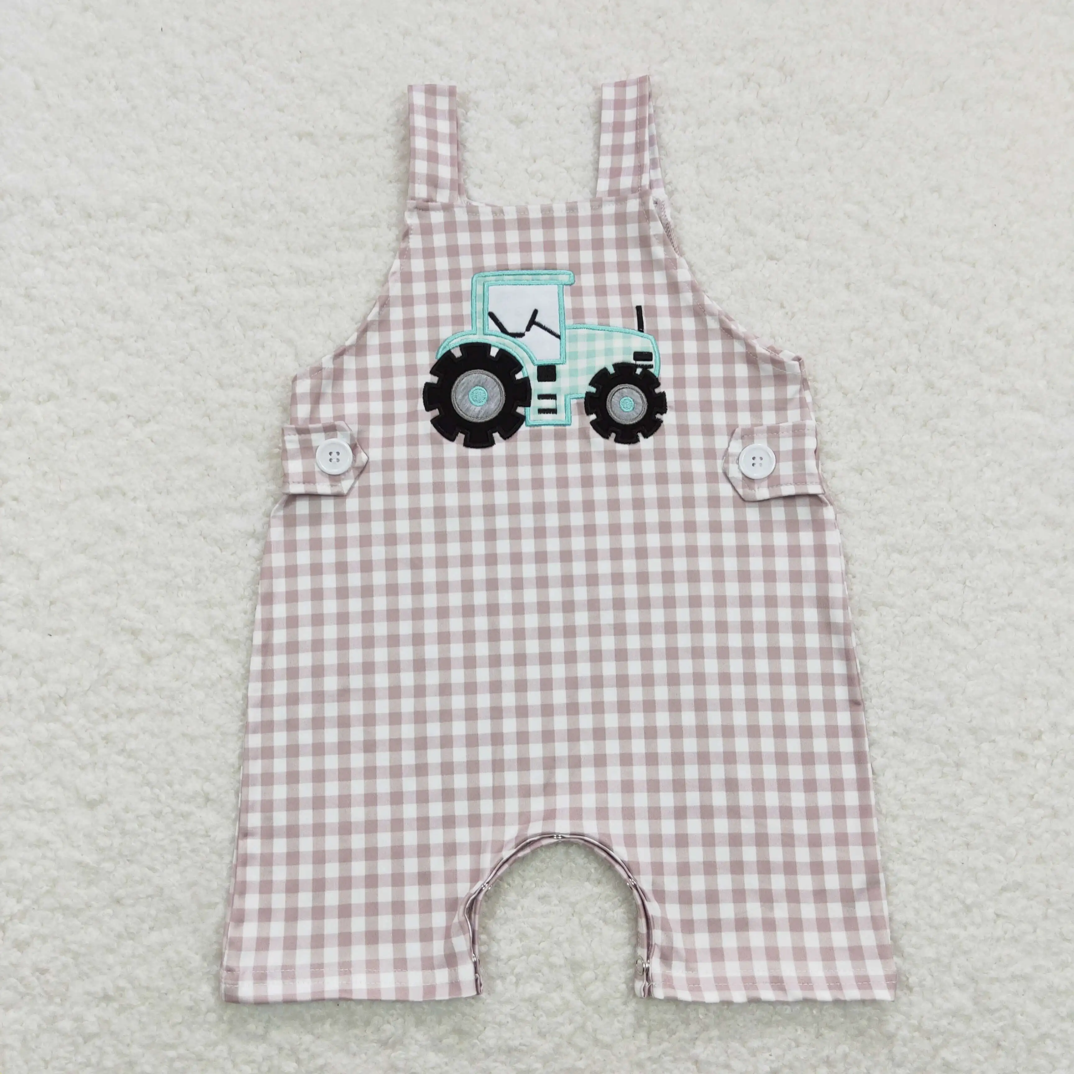 Wholesale Toddler Baby Boy Sleeveless Tractor Romper Newborn Summer Embroidery Plaid One-piece Kids Children Clothing 2