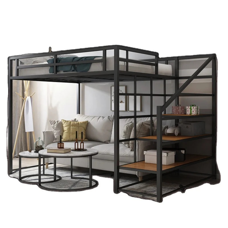 Cama tipo Loft para adultos, escuela, Hotel, apartamento, dormitorio, cama doble de hierro forjado, mesa de juegos debajo de la oficina con escaleras de carillero