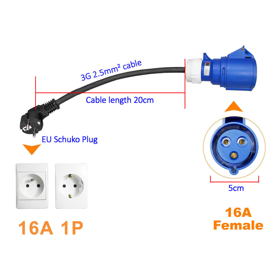 Electric Vehicle Charging Adapter 16A Blue CEE Socket to 16A EU Schuko Plug Adapter For Portable EV Charger