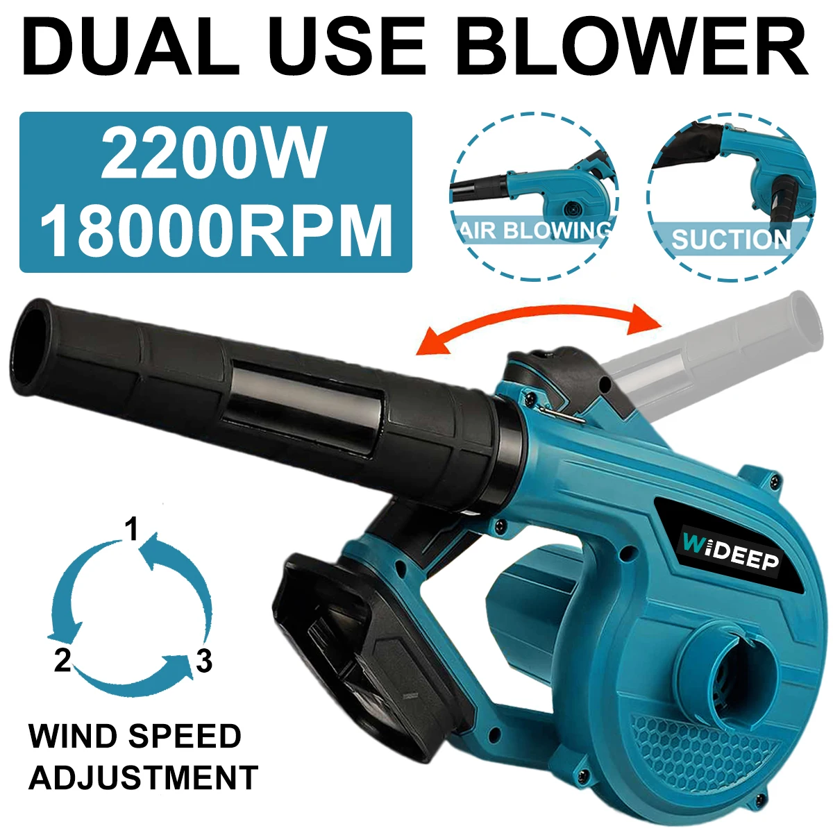 2 IN 1 2200W Garden Cordless Blower Rotation Vacuum Clean Air Blower ...