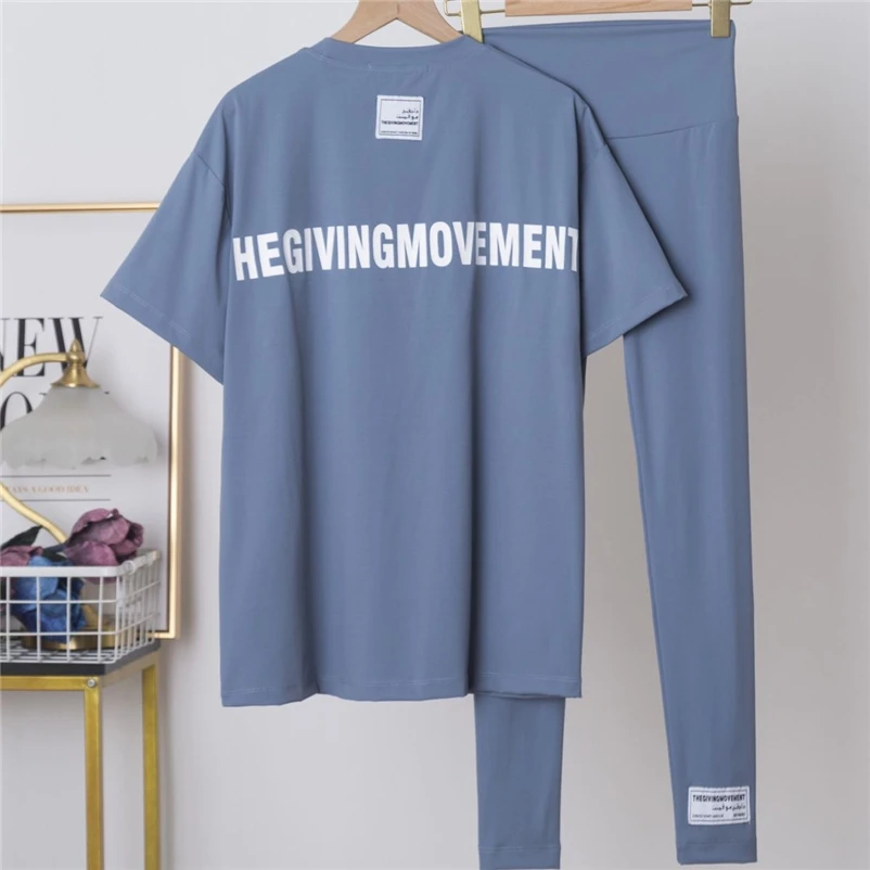 

THEGIVINGMOVEMENT 2023 Casual Short-sleeved Tshirts Oversized+ Flared Split Leggings Yoga Pant TGM For Women's Two Piece Sets