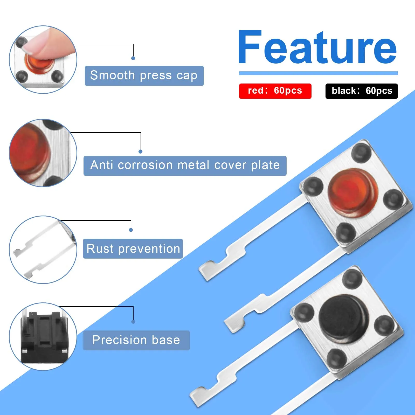 120pcs 2 Pin Momentary Tactile Push Button Switch，6mm Micro Tack Push Button Switches Through PCB Hole Breadboard 6 x 6 x 5mm