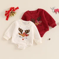 2024-06-04 Lioraitiin Baby Girl Christmas Fleece Jumpsuit Elk Embroidered Round Neck Long Sleeve Romper Able Bodysuits 1