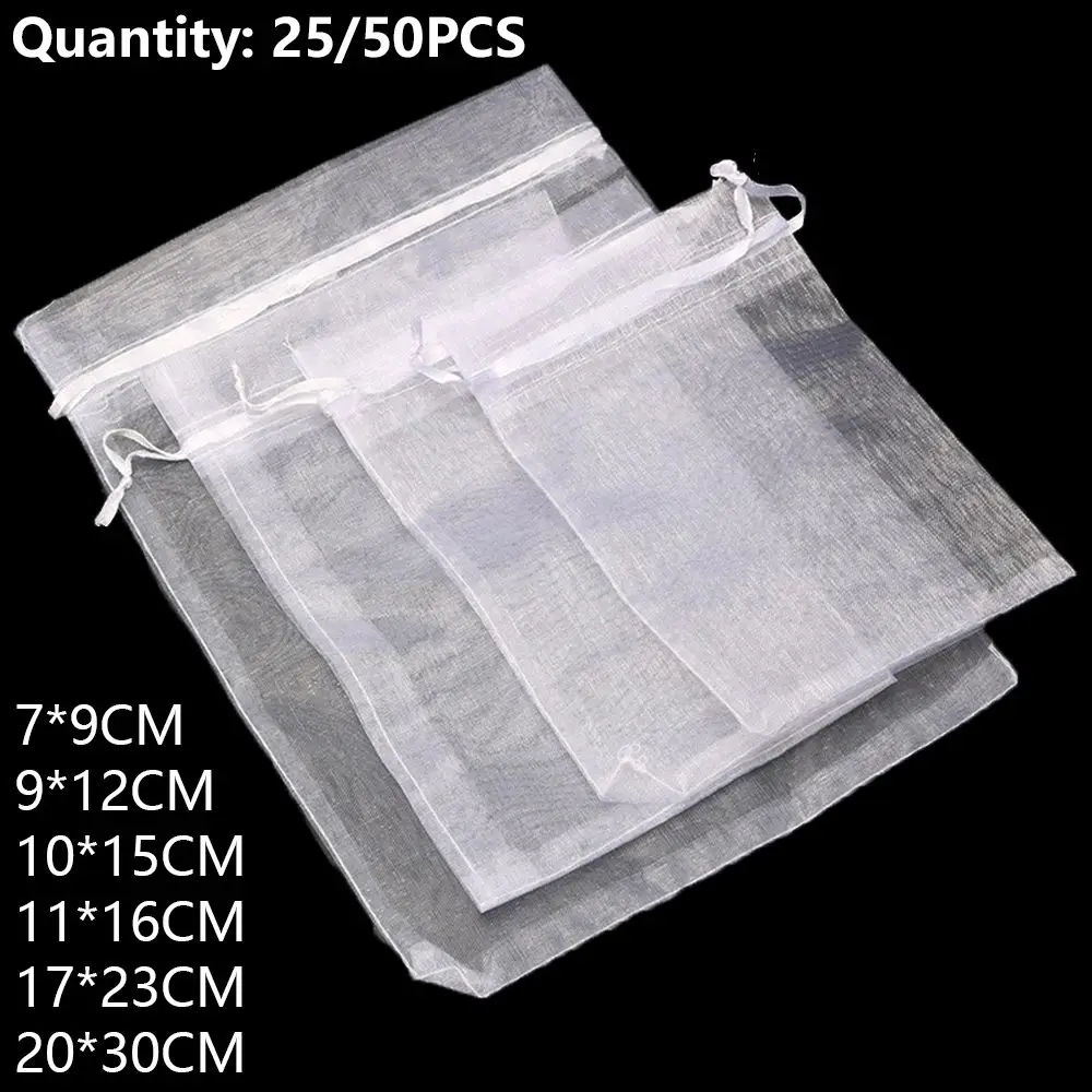 25/50PCS Drawable Party Supply Wedding Christmas Favor White Pouches Organza Gauze Sachet Gift Bags Drawstring Pocket 6
