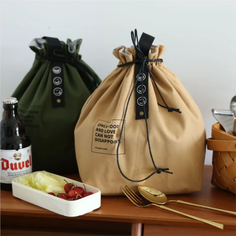 

Bento Box Lunch Bag Wide Opening Storage Canvas Drawstring Thermal Food School Picnic Kid Package Camping Kitchen Accessories