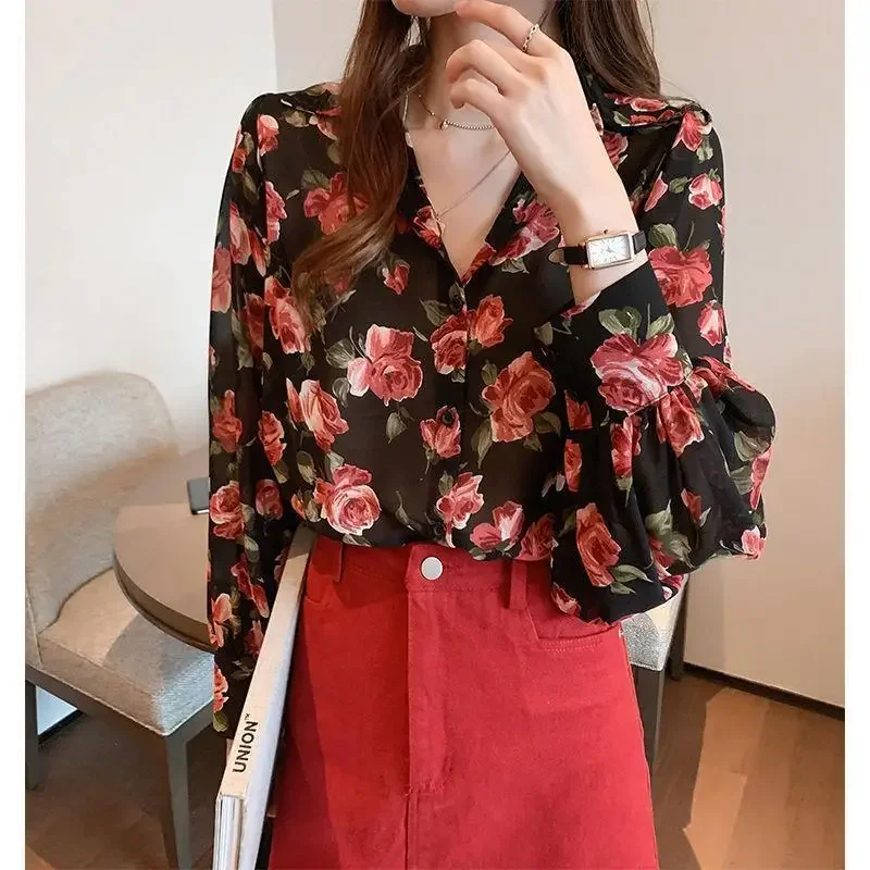 

Women's Shirts Spring Retro Loose Floral Blouses Long-sleeved Chiffon Shirts Elegant Fashionable Commuter Office Ladies Clothing