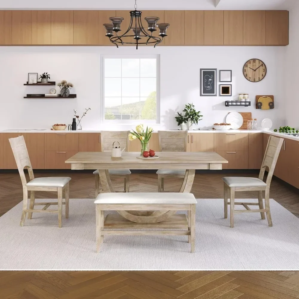 Dining Table Set for 6, Wood Kitchen Table Set with Half Round Base, 4 Upholstered Chairs and Bench, Dining Room Sets 6