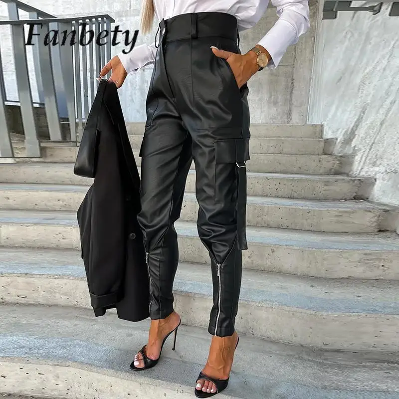 

Office Lady Zip Slim PU Pants Women 2023 Solid Multi-Pockets Commute Cargo Pant 2023 Elegant High Waist Button Trousers 2023
