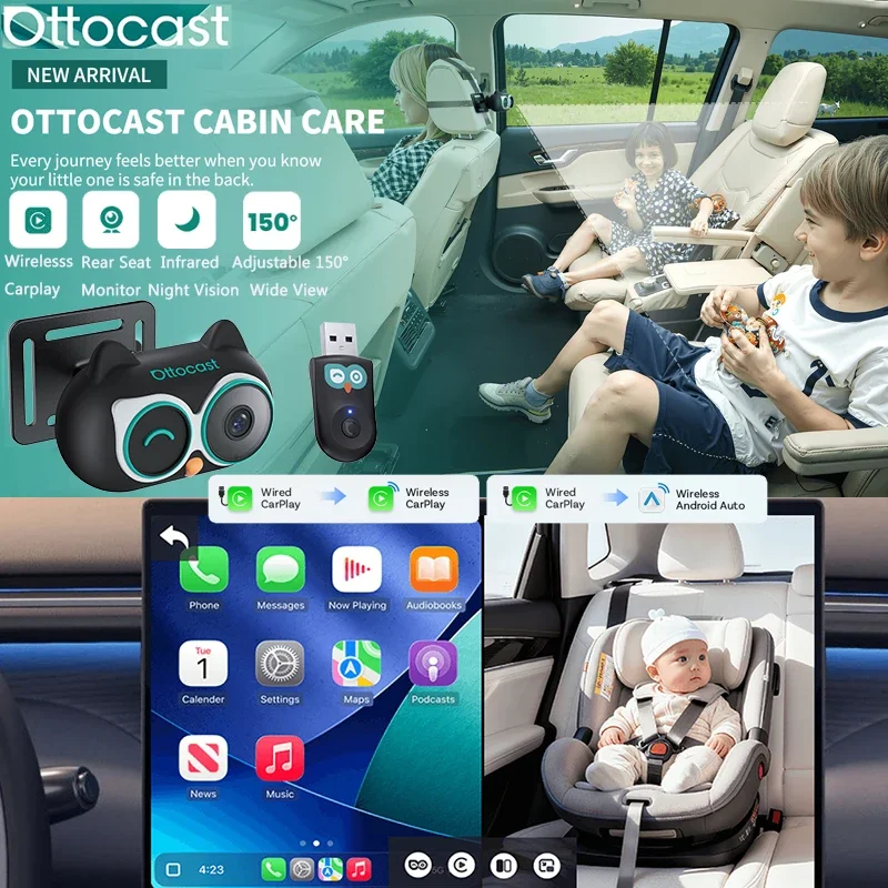 Ottocast Cabin Care Wireless Carplay Adapter Baby Car Camera for Backseat 1080P 150° Wide Angle Night Vision Back‑Seat Monitor