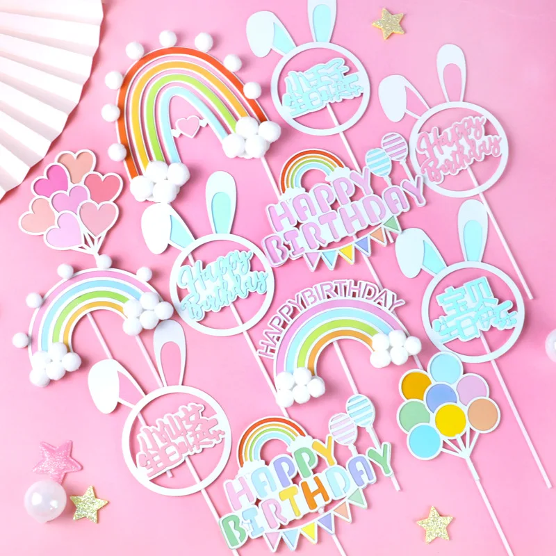 Rainbow Cake Topper Happy Birthday Cupcake Toppers Heart Balloon Kid Party Dessert Wedding Decor Baby Shower Forniture Per La Cottura Fai Da Te