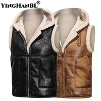 High Quality Autumn Winter Men Leather Vest Jacket Fleece Thicken Retro Suede Fur Warm Velvet Cotton Zip Hoodies Motorcycle Coat