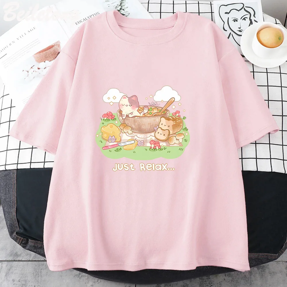 

Just Relax Classic T-Shirt Cartoon T-shirts 100% Cotton T Shirts Kawaii/Cute Woman Summer Tees Regular Fit Sense of Design