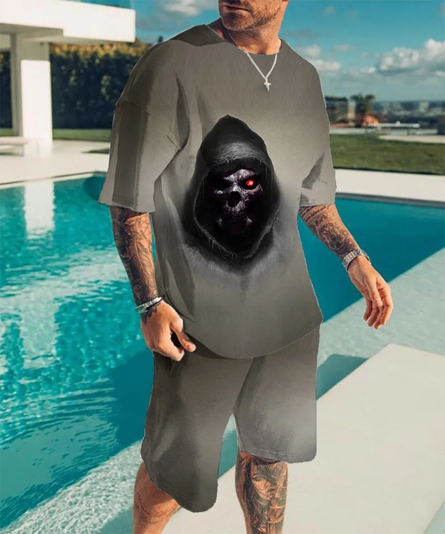 Summer Beach Style 3D Printed Skull Sportswear O-neck Oversized T-shirt + Shorts Two-piece Street Comfort Suit