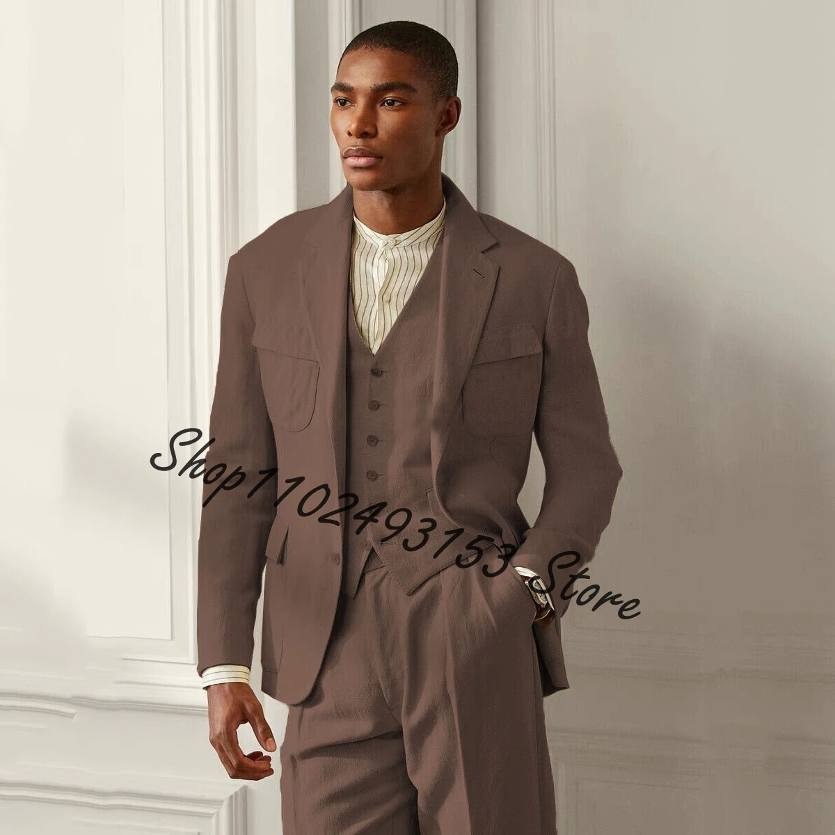 Latest Linen Men Suits Blazer Vest Pants Designs Slim Fit Notched Lapel 3 Pieces Best Men Wedding Groom Tuxedos Costume Homme