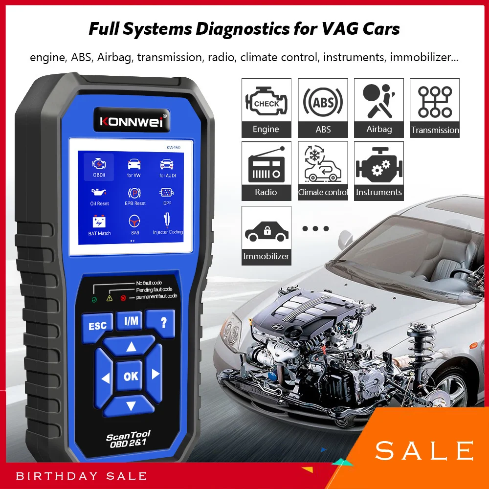 KONNWEI KW450 OBD2 VAG Automotive Diagnostic Tool Volkswagen Audi ABS Air Bag Oil ABS EPB DPF SRS TPMS Reset Full System Scanner