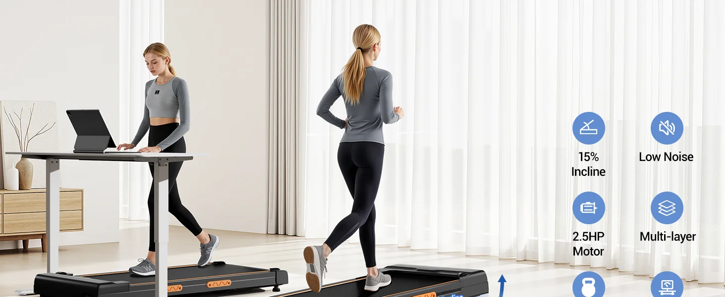 Der Text lautet „Live-Show“. Geteiltes Bild, das Personen zeigt, die Schreibtischarbeitsplätze auf einem Laufband in einer Büroumgebung mit sichtbaren Schaltflächen auf der Benutzeroberfläche der mobilen App verwenden.