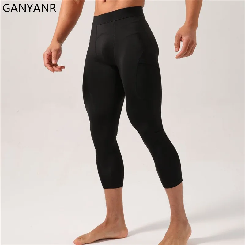 GANYANR Running Tights Men With Pockets Compression Leggings Gym Fitness Football basketball Soccer Sportswear Pants trousers