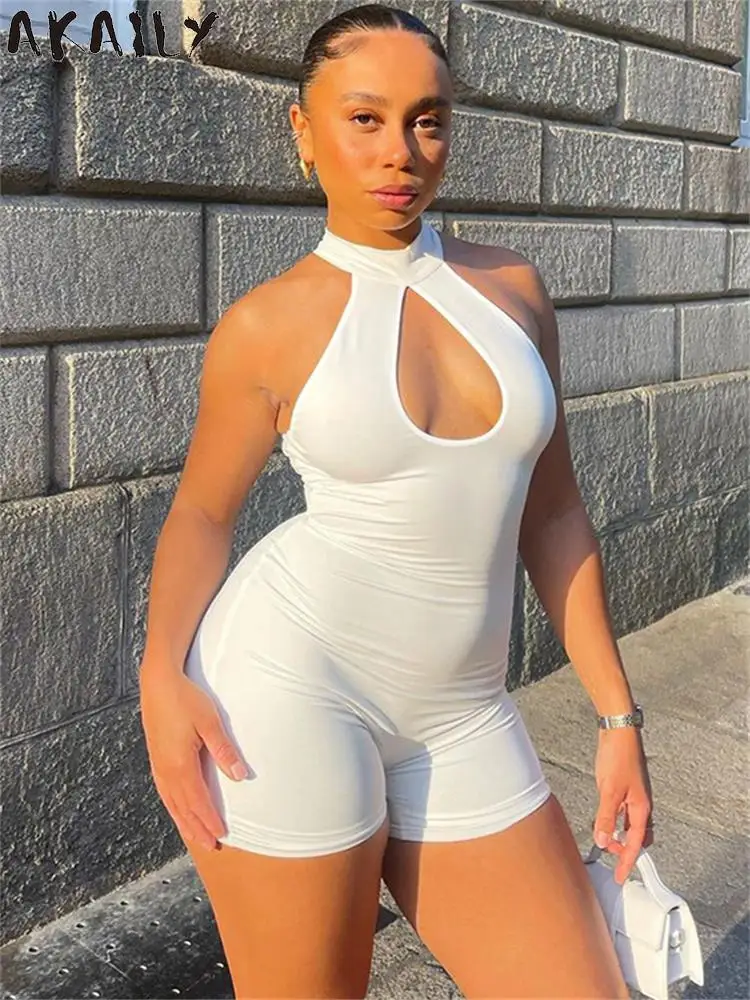 

Akaily Winter Sexy Hollow Out White Romper Casual Vacation For Women 2023 Round Neck Sleeveless Bodycon Romper Ladies Activewear