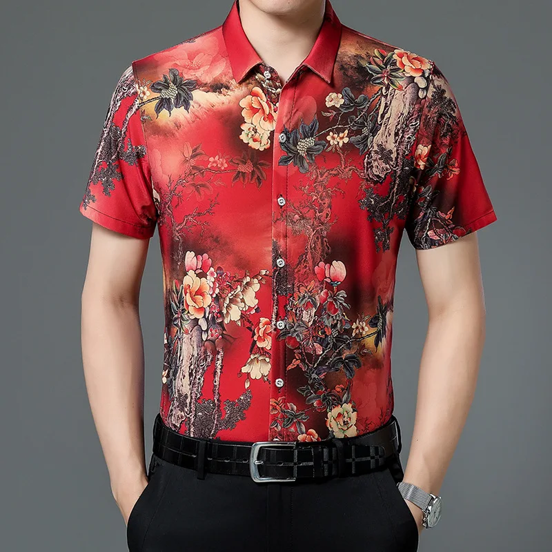 

2024 Summer Designer Clothes Middle Aged Red Peony Flower Print Men's Dad's Ice Silk Short Sleeved Floral Shirt
