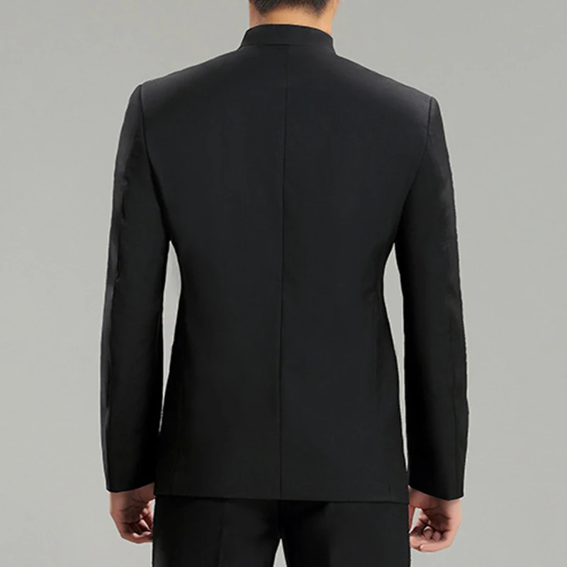 Solid Color Men Black Tunic Suit Jacket Mandarin Collar Single Breasted New Chinese Style Mens Dress Coat Zhongshan Jacket