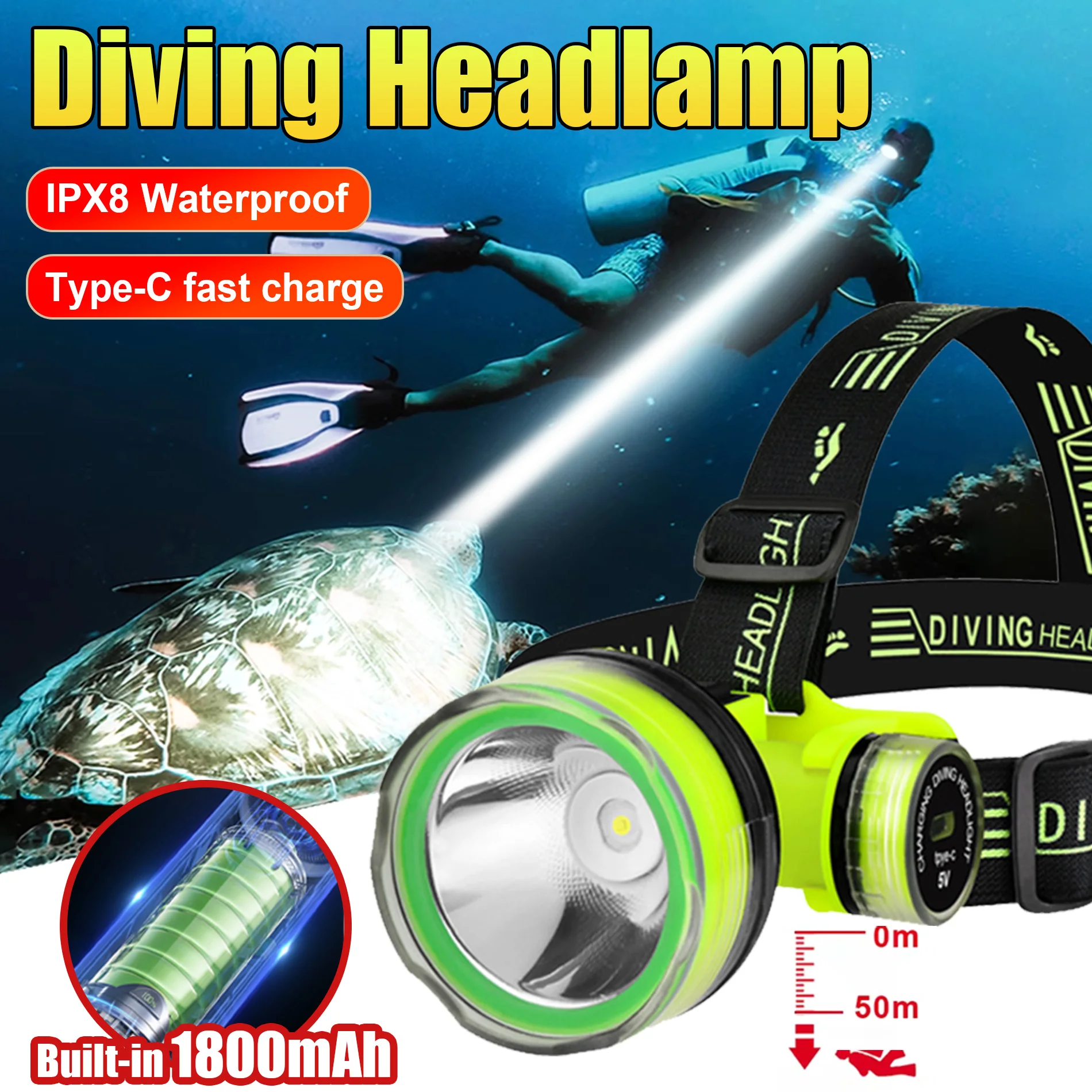새로운 충전식 LED 다이빙 전조등 강한 빛 전문 다이빙 50M 헤드 손전등 스..