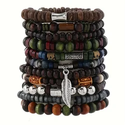 Set of 10 Vintage Bohemian Men's Bracelets - Stylish Leaves Wristwear Accessory for Timeless Fashion Jewelry Gifts (Hot Stamping)