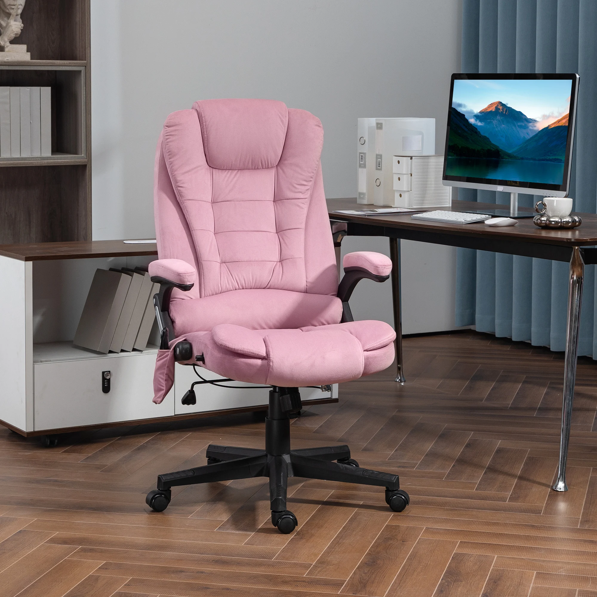 Homcom 6 Point Vibrating Massage Office Chair with Heat with Reclining Backrest, Padded Armrests and Remote, Pink 2