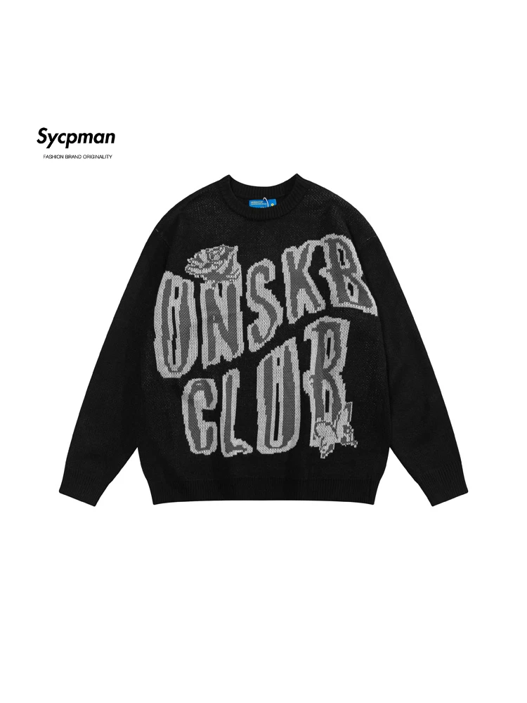 

Sycpman Vintage Letter Jacquard O-Neck Long Sleeve Knitted Sweater for Men Trendy Loose Pullover Casual Streetwear