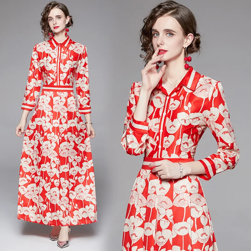 

WTIANYUW Spring Summer Fall Autumn Floral Print Turn Down Collar Long Sleeve Women Ladies Party Casual A Line Maxi Beach Dress