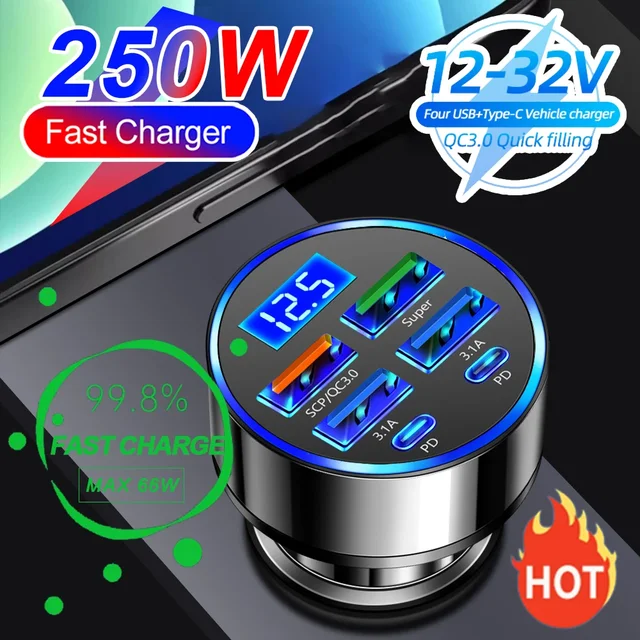 250W PD Car Charger QC3.0 Fast Charge 6-in-1 Car Cigarette Lighter Plug 5 Port Car Charger Flash Charge with Digital Display 1