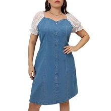 

Women's Plus Size Denim Dress Buttoned Jeans Dresses Slim Fit Casual Dress Lace Puff Sleeve Midi Dress Summer Sundress Vestido