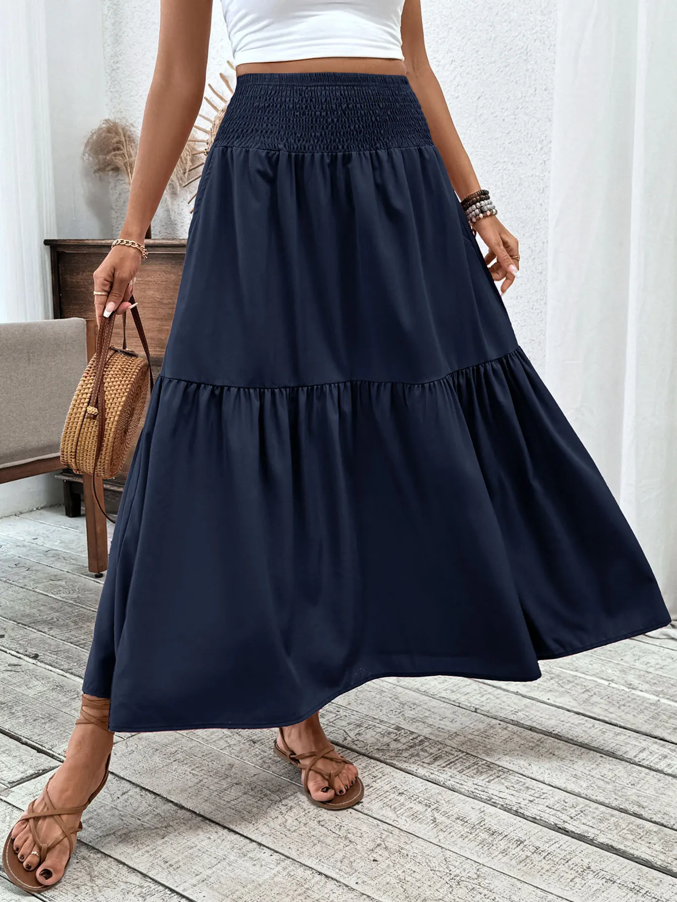 Women New Classic Printed Skirt Retro High Waist Long Skirt Casual Stylish Loose Beach Skirt Elegant Ladies Floral Pleated Skirt
