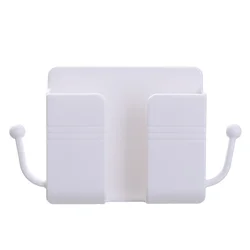 Wall Mount Phone & Remote Holder with Hooks (White)