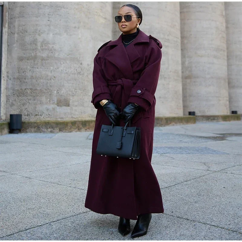 Fashion Burgundy Red Double Breasted Overcoat Women Lace Up Loose Lapel Pockets Long Sleeve Coat New High Street Outerwear