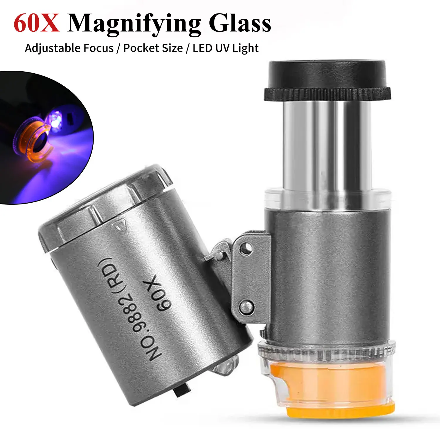 Mini Magnifier Pocket Microscope Jewelry Magnifying Glass Jewelers Eye Loupe 60X with LED UV Light For Diamond Coins Currency