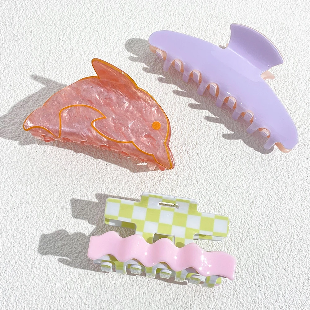 Acetate Pink Rainbow Eye Flower Lattice Hamburger Hair Clip Claw For Women Temperament Ponytail Barrette Hair Accessories 2023