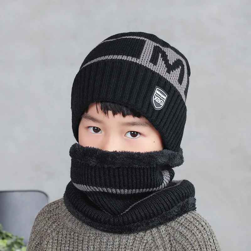 Kids Winter Knitted Hat+Scarf Set Warm Fleece Lining Cap for 5-14 Year Old Boys Girls Super Warm Plush Snow Bonnet Freeshipping