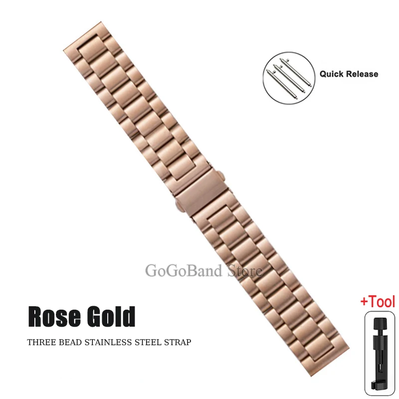 Premium Stainless Steel Watch Band, 20mm/22mm, Metal Strap, Silver/Black Finish