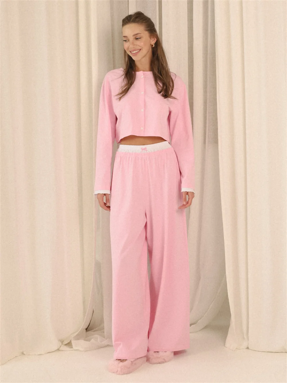 Cardigan Pajama Set shown in another color option with solid design and relaxed homewear style