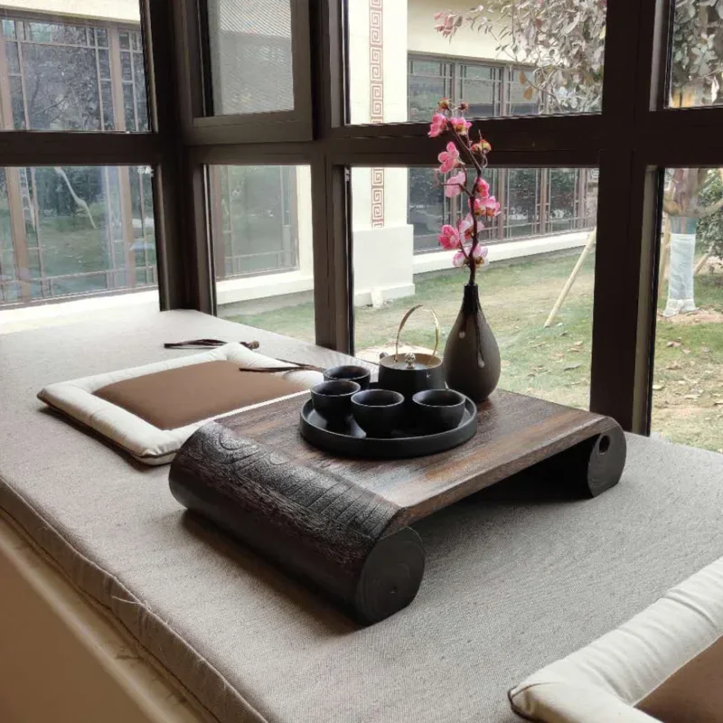 Japanese Style Tea Table Small Bay Window Low Table Solid Wood Balcony with Wooden Cushion Minimalist Home Decor