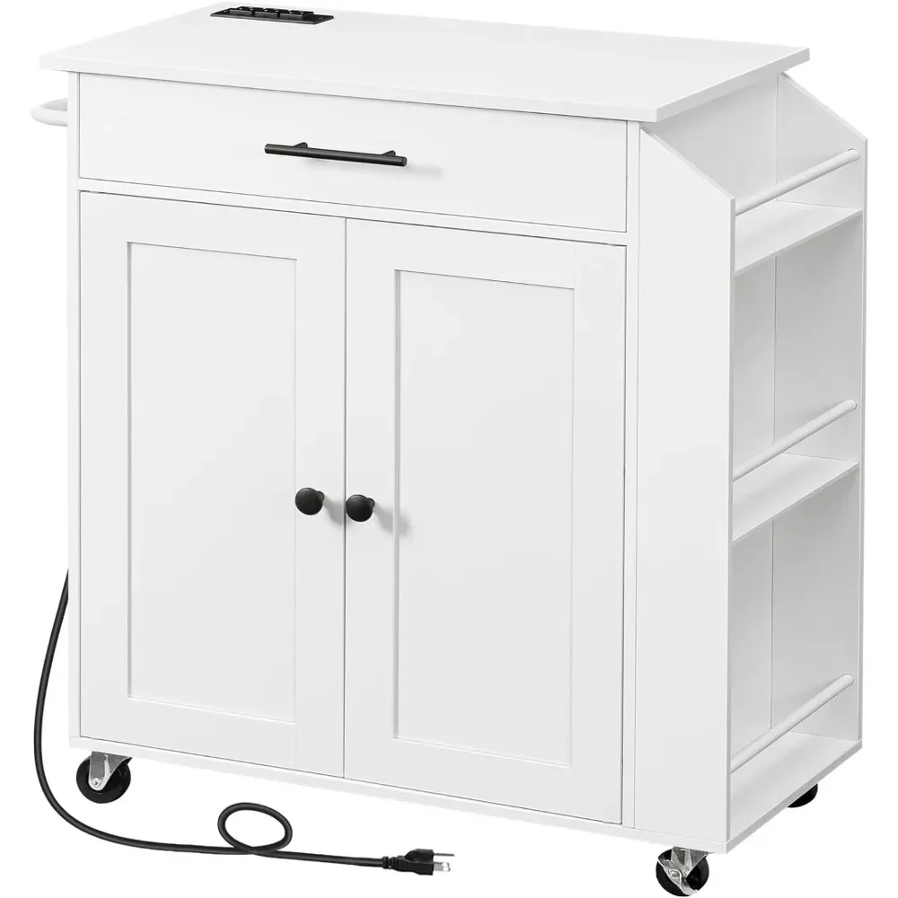 Kitchen island with power socket, kitchen storage island with spice rack and drawer, rolling kitchen cart with wheels